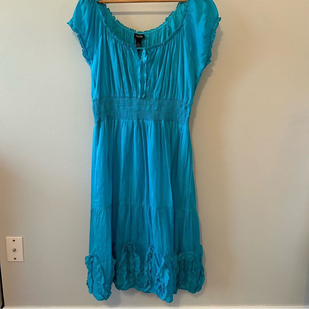 Studio West ruffled cotton turquoise summer patio dress, New w/o tags, L